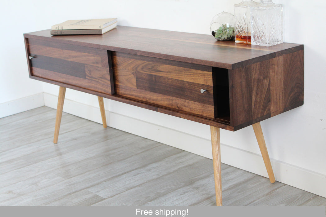 Mid Century Solid Walnut T.V. Stand With Sliding Doors