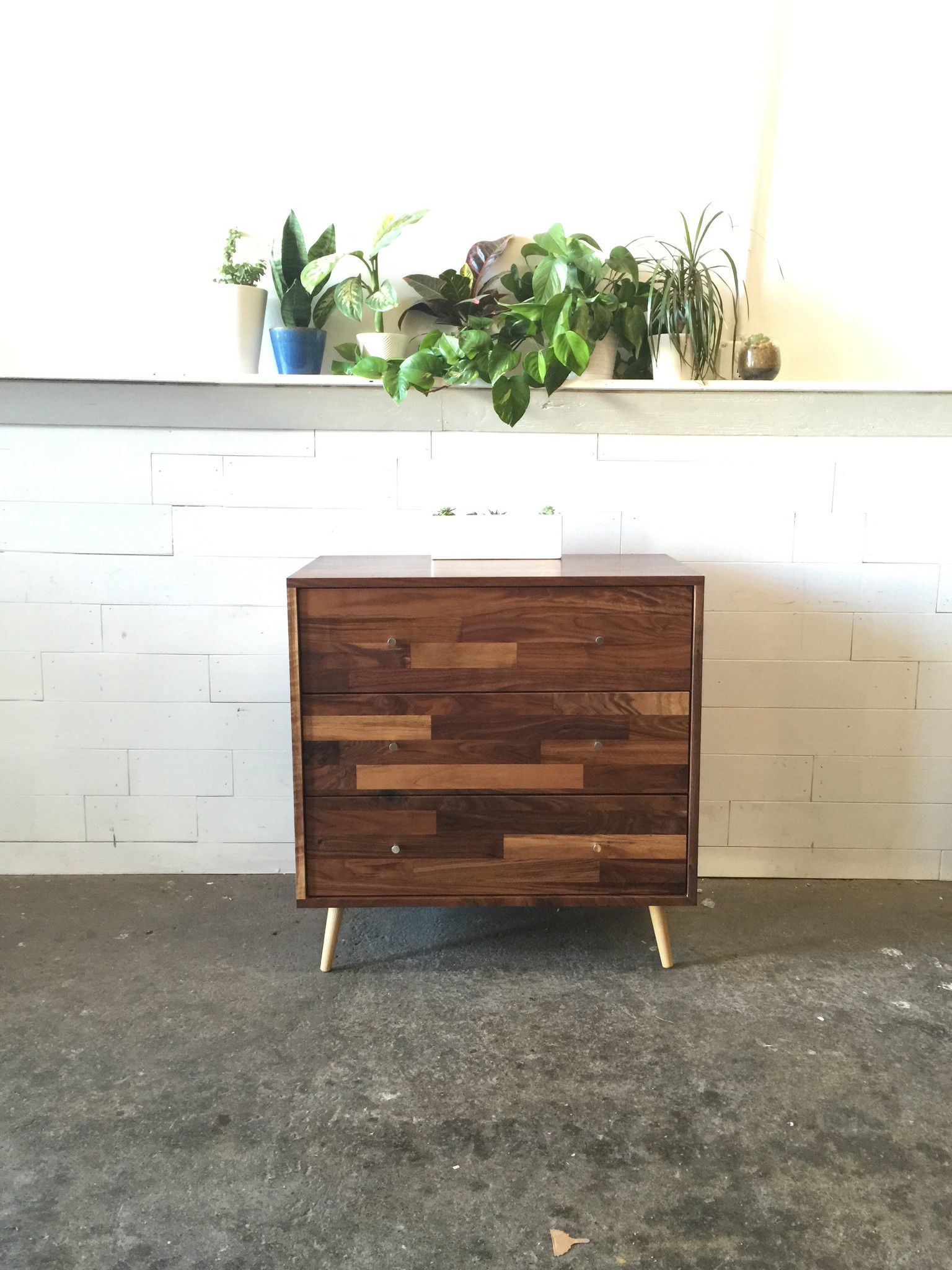 mixed material 3 drawer dresser medium brown Mid-Century Modern Acacia 3 Drawer Dresser